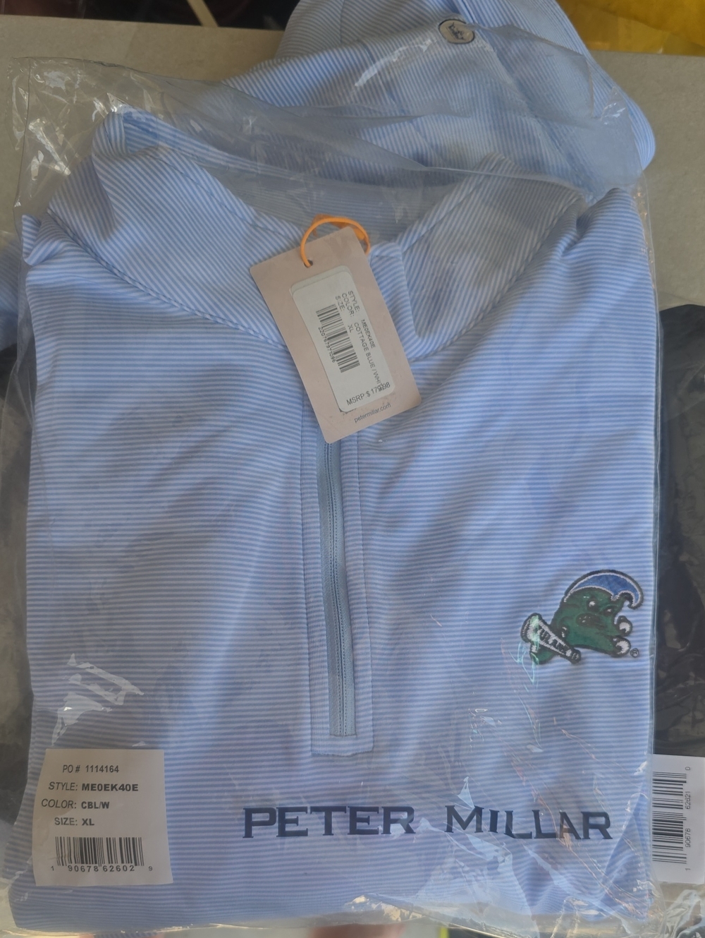 Peter Millar XL Blue and White Striped Half-Zip with Embroidered Mascot TULANE